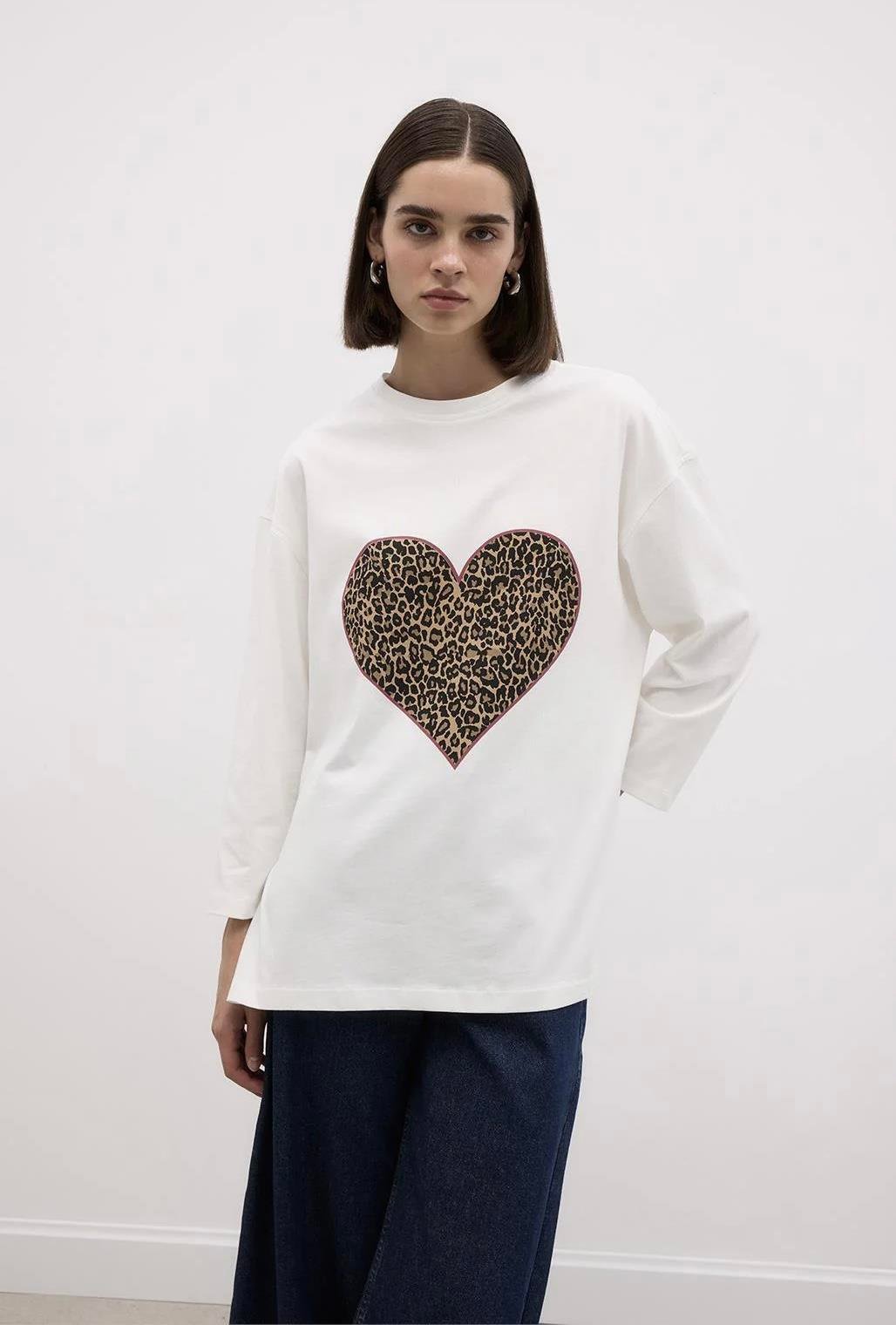 Baskılı Leopar Basic Pamuk Örme Bluz Ekru