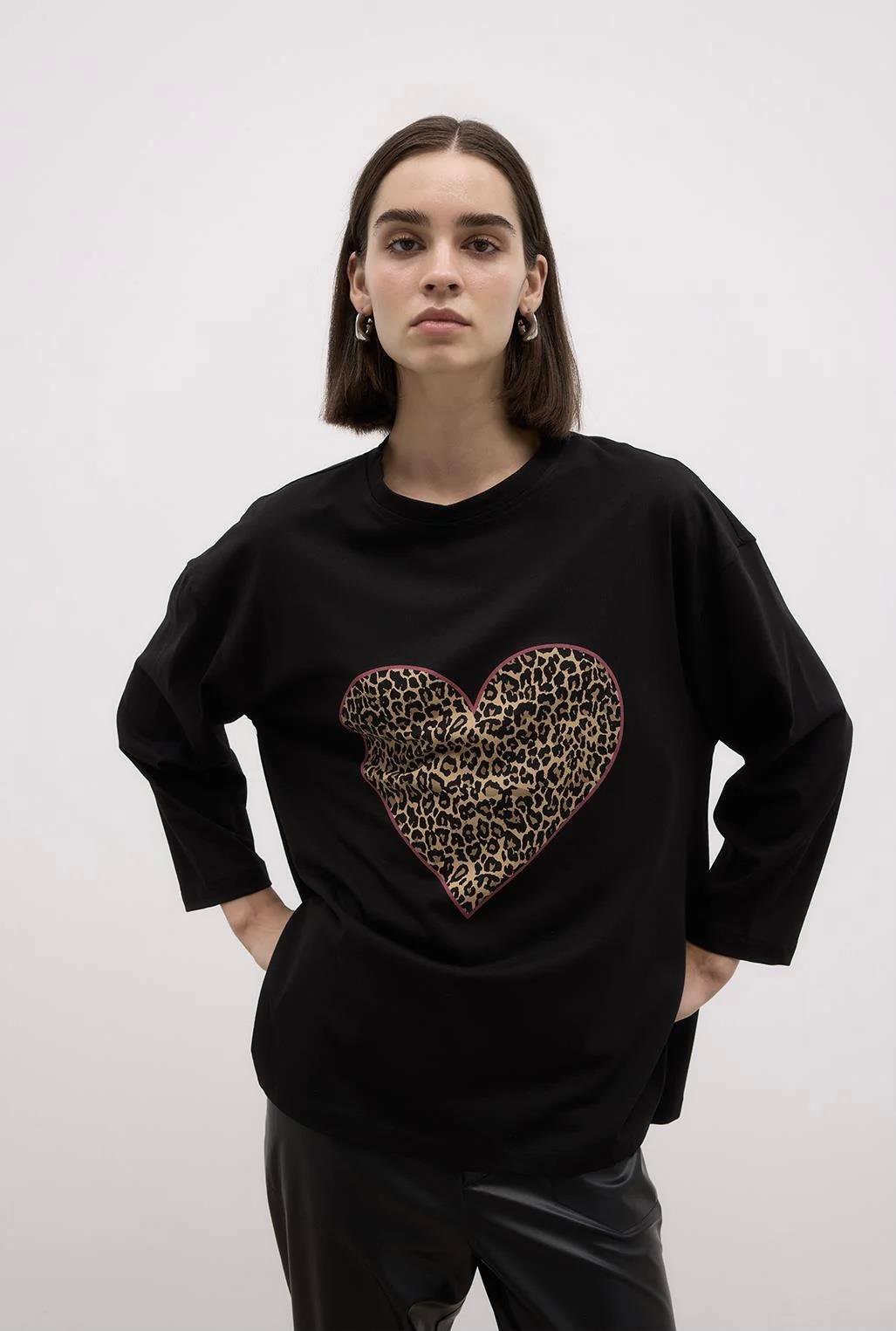 Baskılı Leopar Basic Pamuk Örme Bluz Siyah