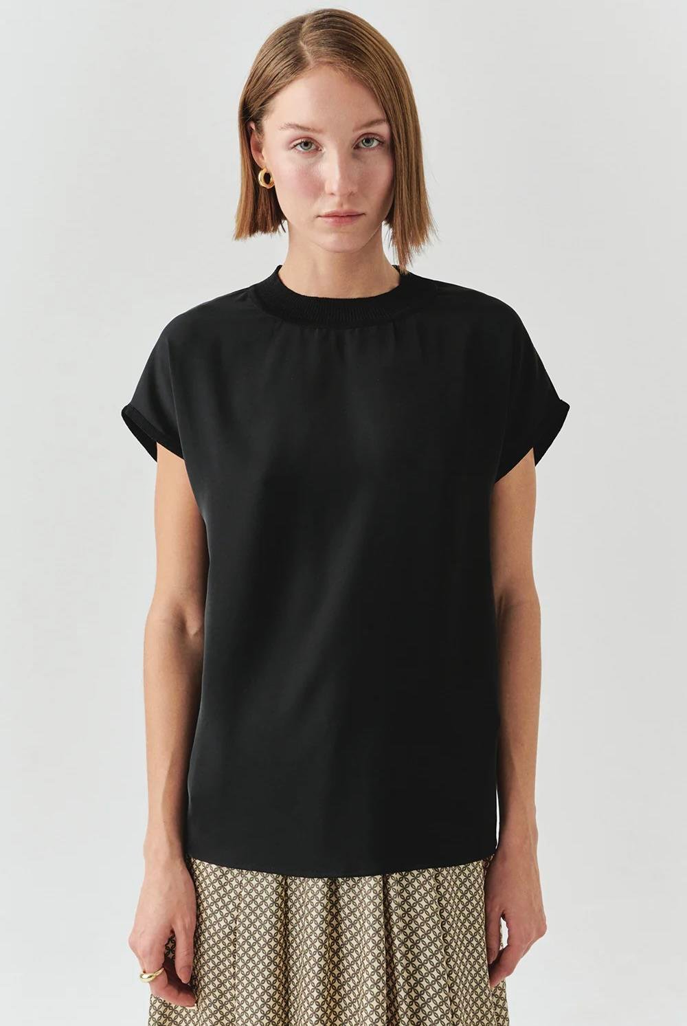 Bisiklet Yaka Düşük Kol Triko Garnili Regular Siyah Bluz