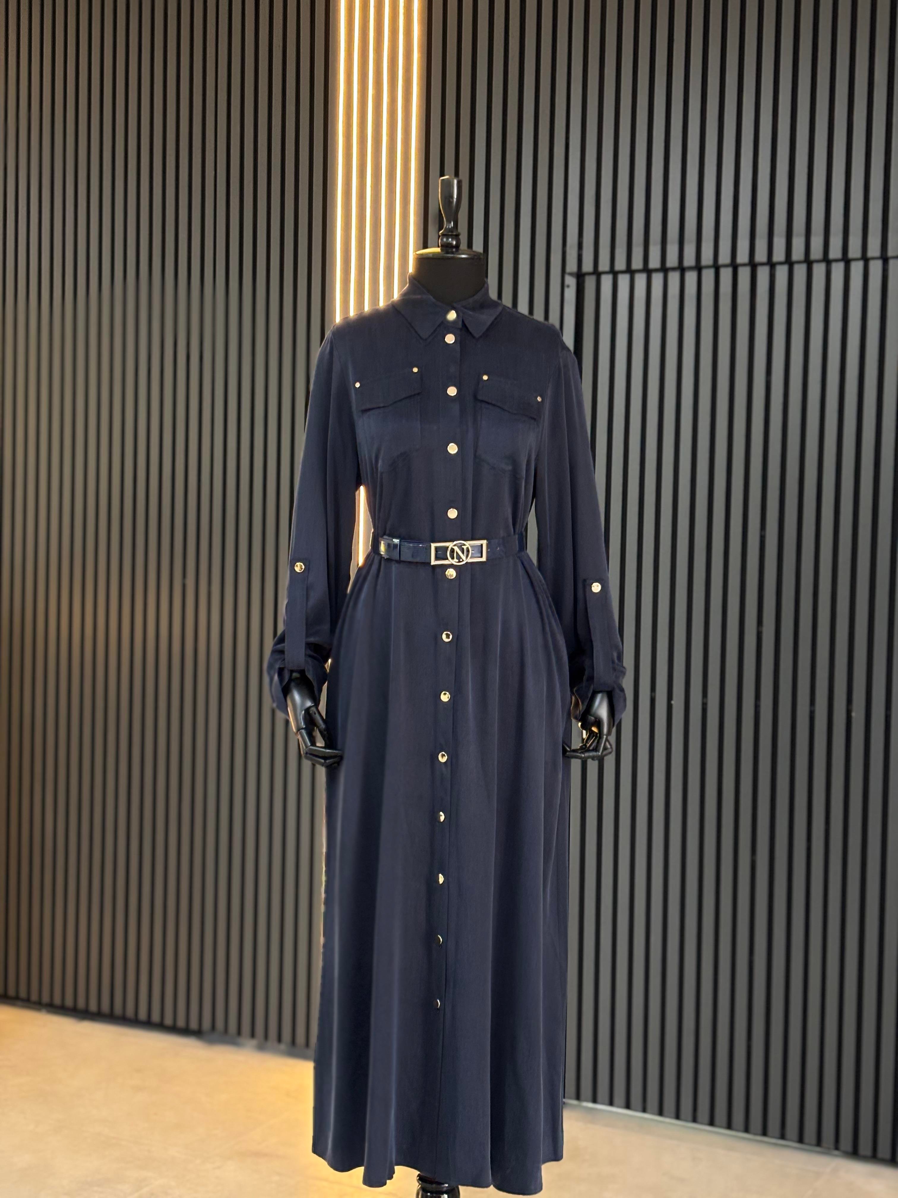 Gold Düğmeli İpek Qupra Elbise Lacivert 