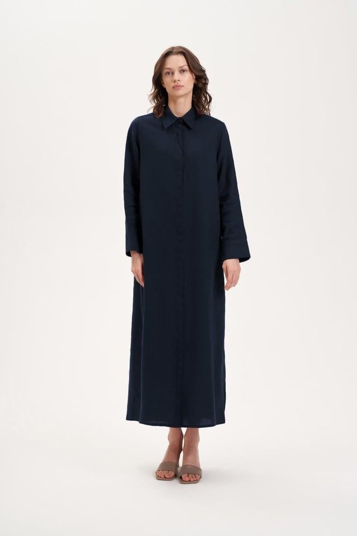 NATURAL %100 KETEN GÖMLEK ELBİSE LACİVERT