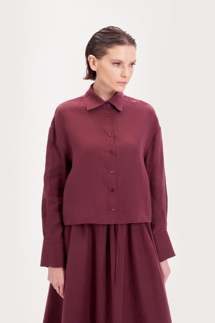 NATURAL %100 KETEN KISA GÖMLEK BORDO