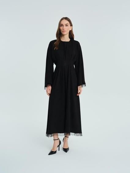 Simli Şal Desenli Boncuklu Elbise Siyah