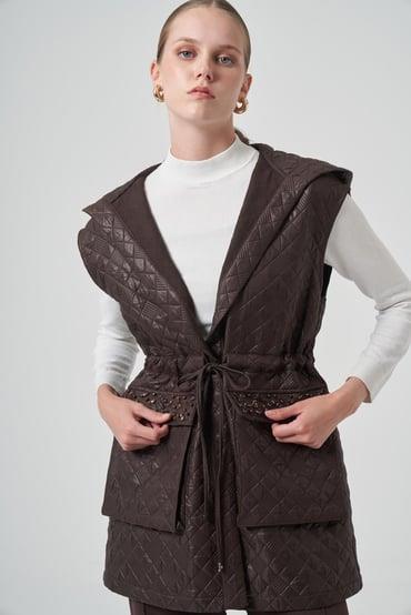 Taş İşlemeli Yelek Kahverengi