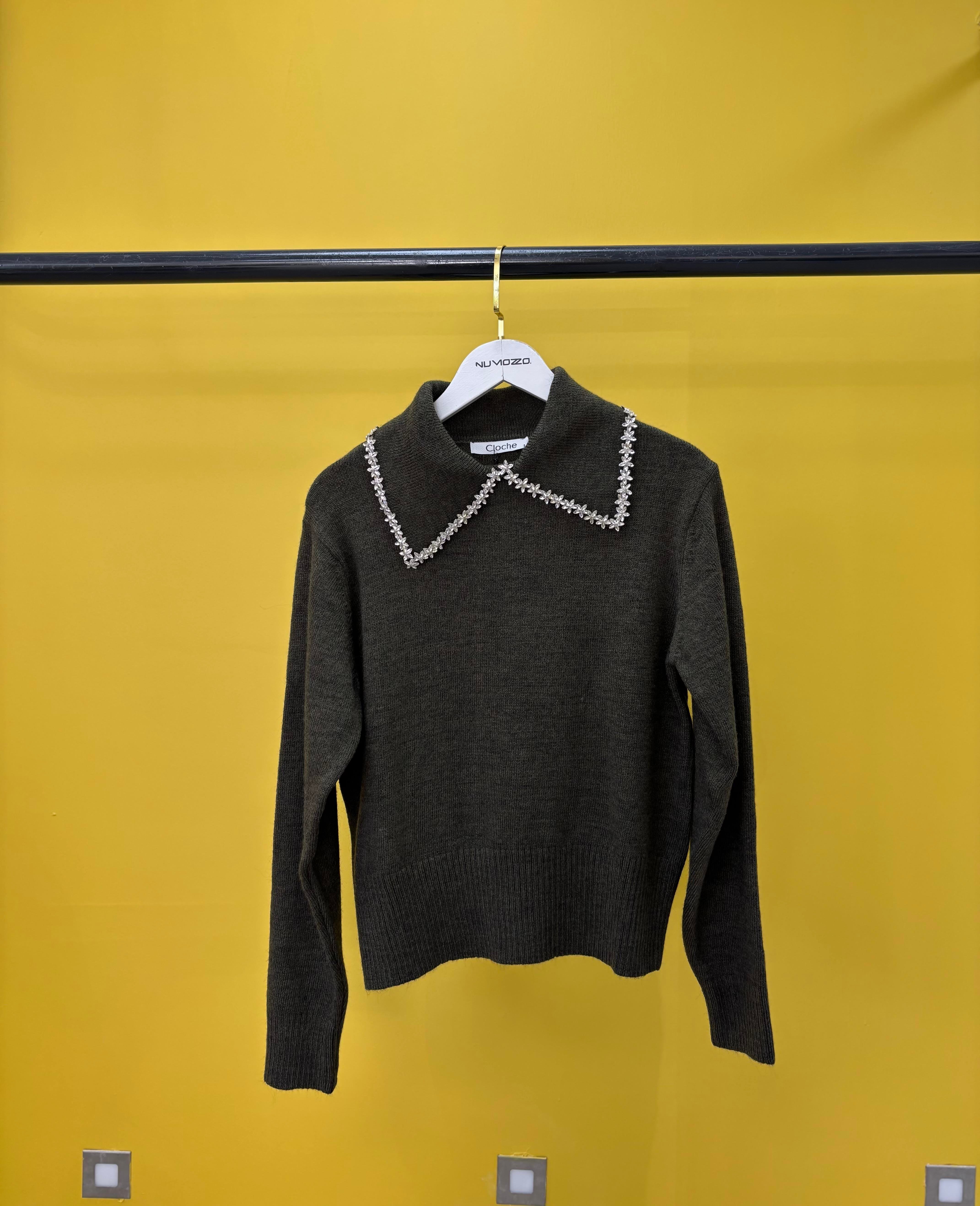 Taşlı Yakalı Triko Kazak Haki