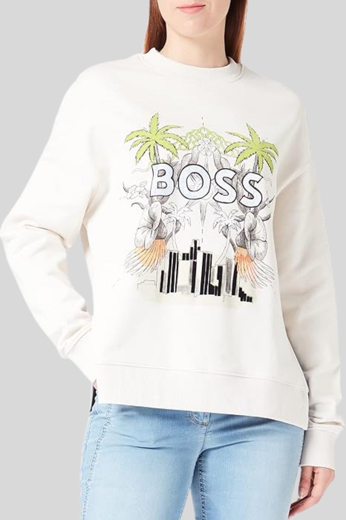 Boss Baskılı Regular Fit Kadın Sweatshirt Beyaz