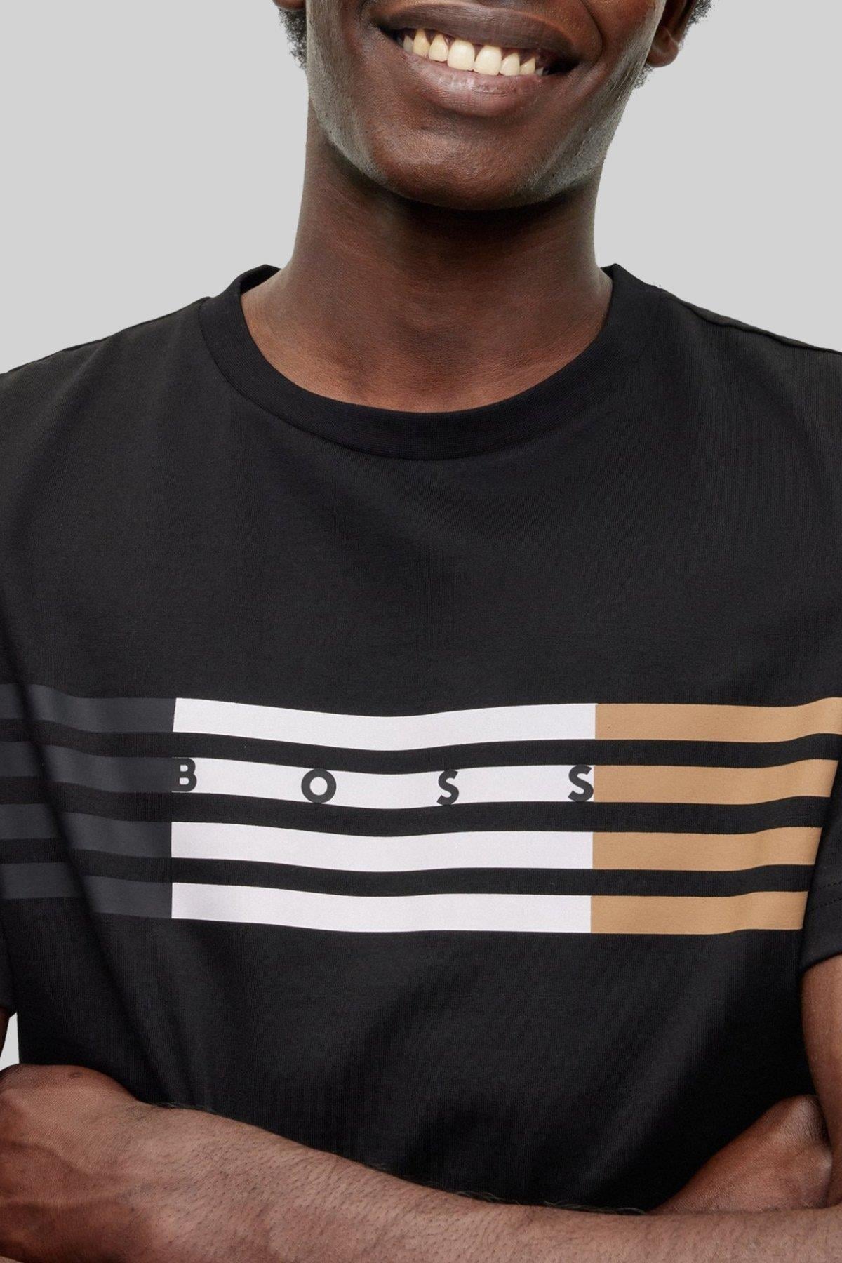 Boss Çizgili Regular Fit Bisiklet Yaka  Erkek T Shirt Siyah