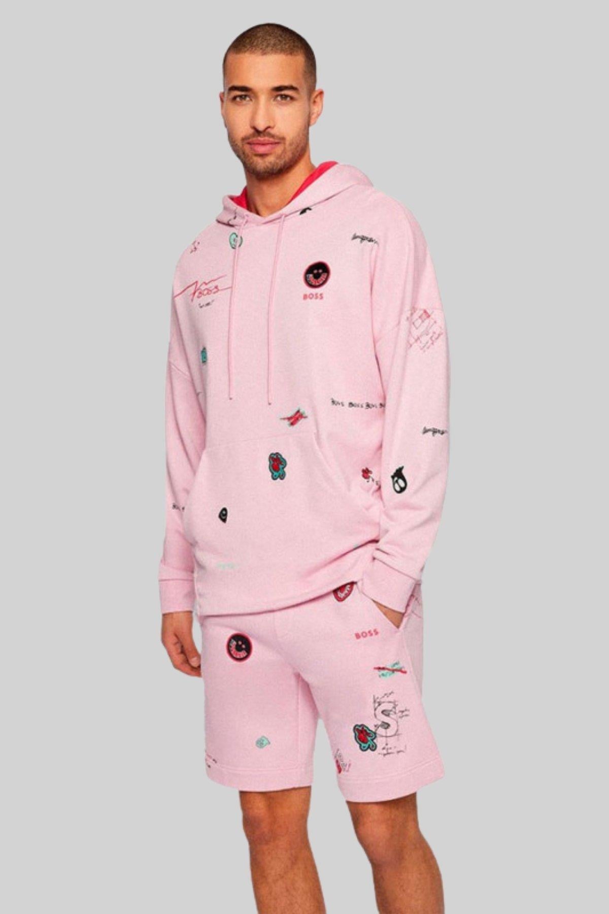 Boss Erkek Soodyart Regular Fit Baskılı Kapüşonlu Sweatshirt Pembe