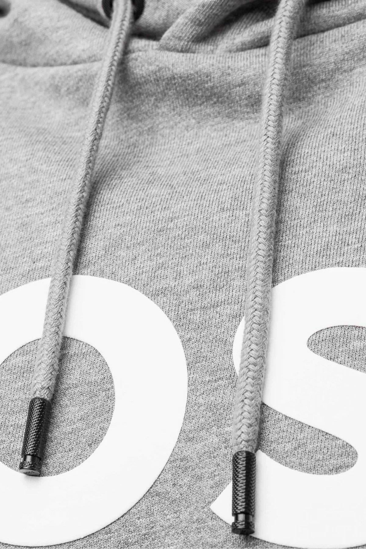 Boss Logolu Baskılı Kapüşonlu Erkek Beyaz Sweatshirt Gri