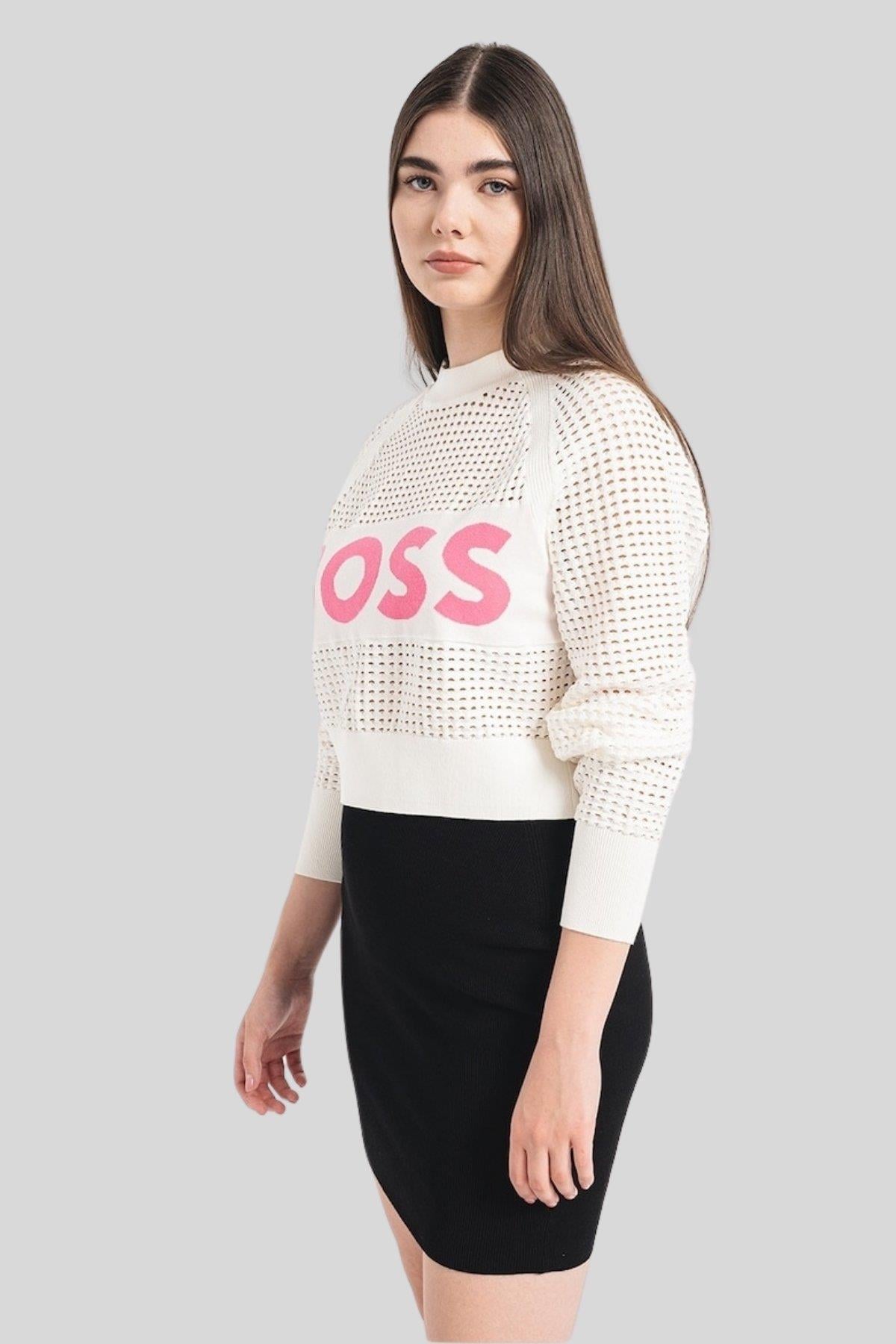 Boss Marka Logolu Regular Fit Kadın Kazak Beyaz
