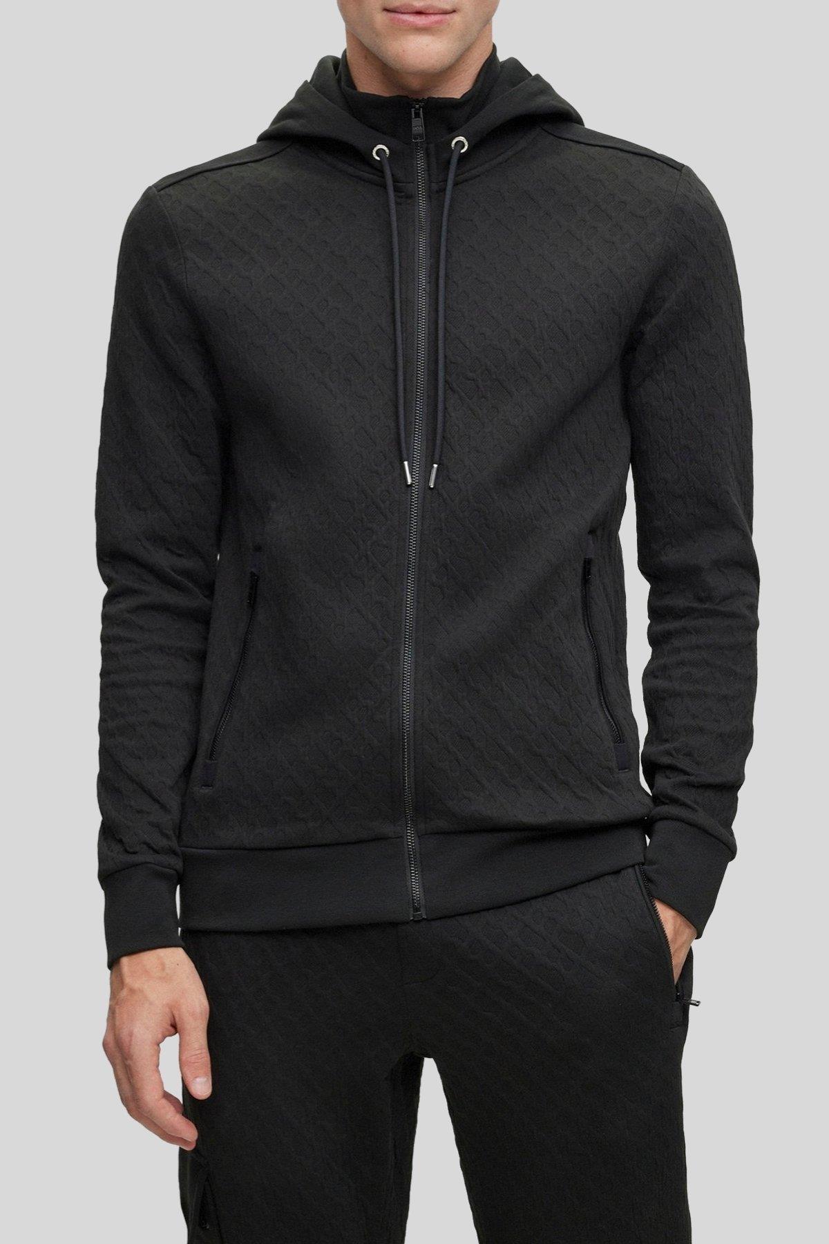 Boss Monogram Jakarlı Kapüşonlu Regular Fit Erkek Sweatshirt Siyah