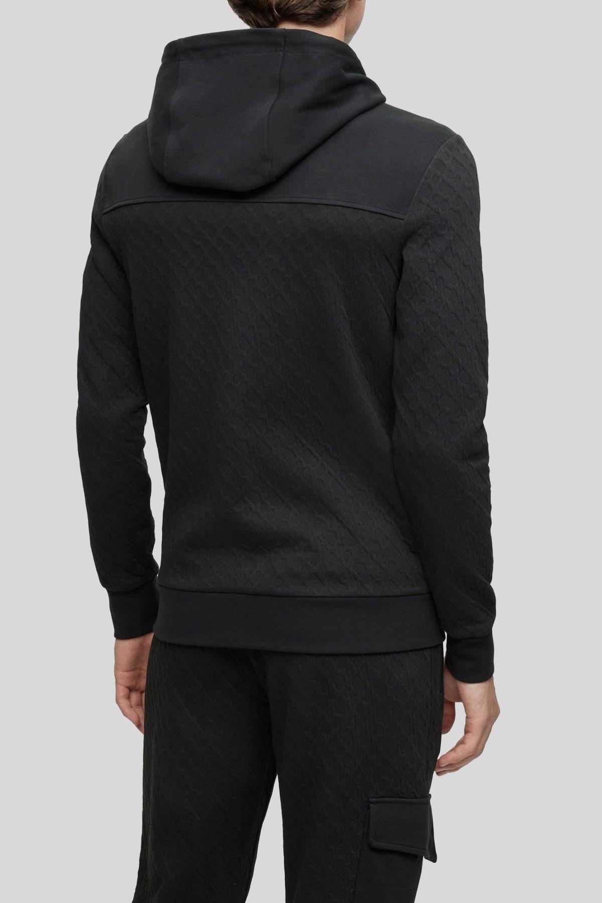 Boss Monogram Jakarlı Kapüşonlu Regular Fit Erkek Sweatshirt Siyah