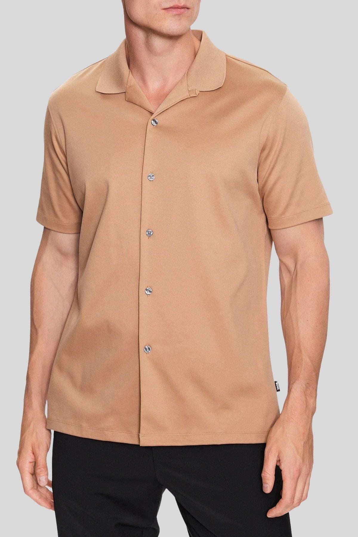 Boss Regular Fit Apaş Yaka Kısa Kol Erkek Gömlek Bej
