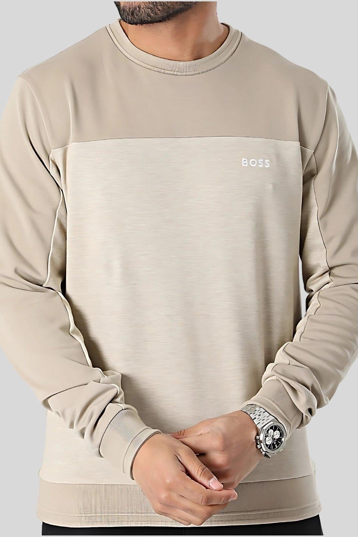 Boss Regular Fit Bisiklet Yaka Erkek Sweatshirt Bej