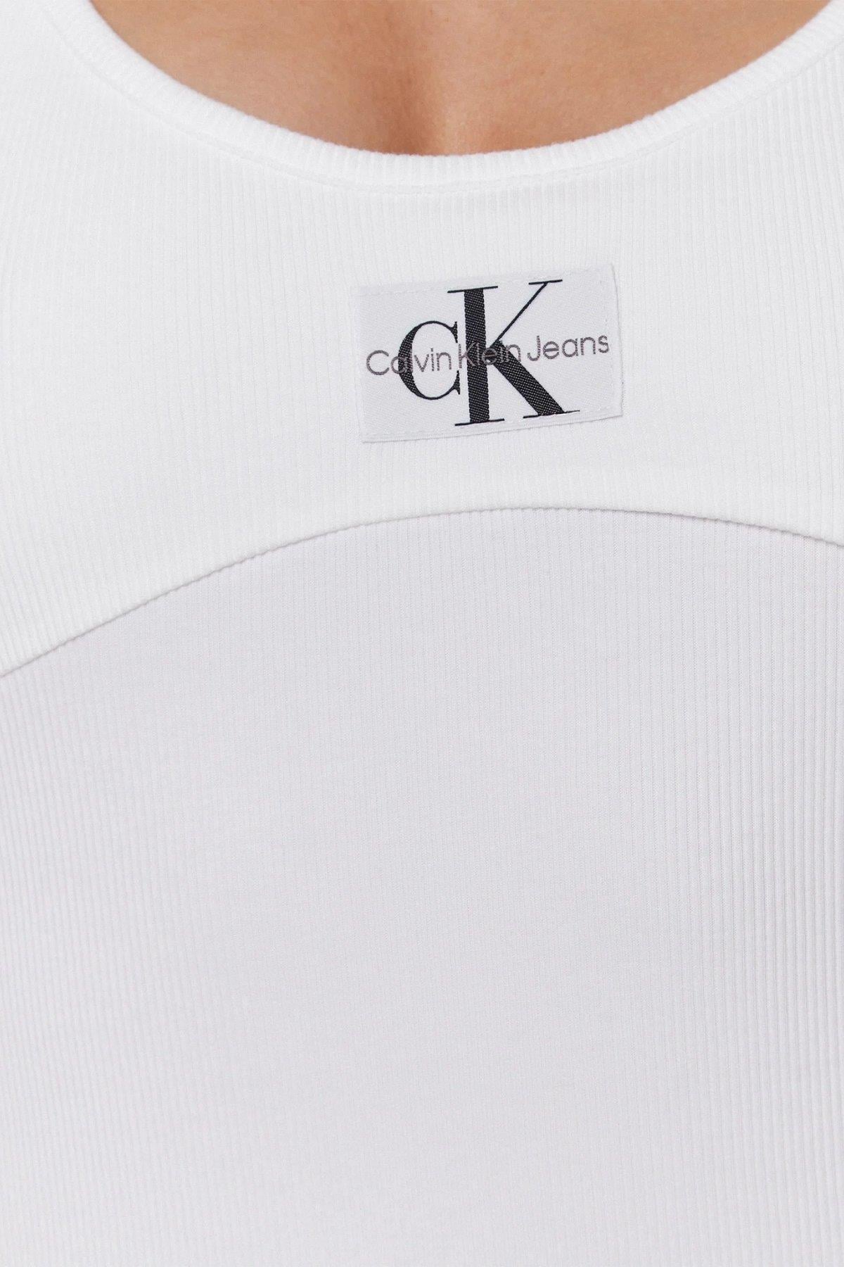 Calvin Klein Kadın Slim Fit Logolu Askılı Dar Mini Elbise Beyaz