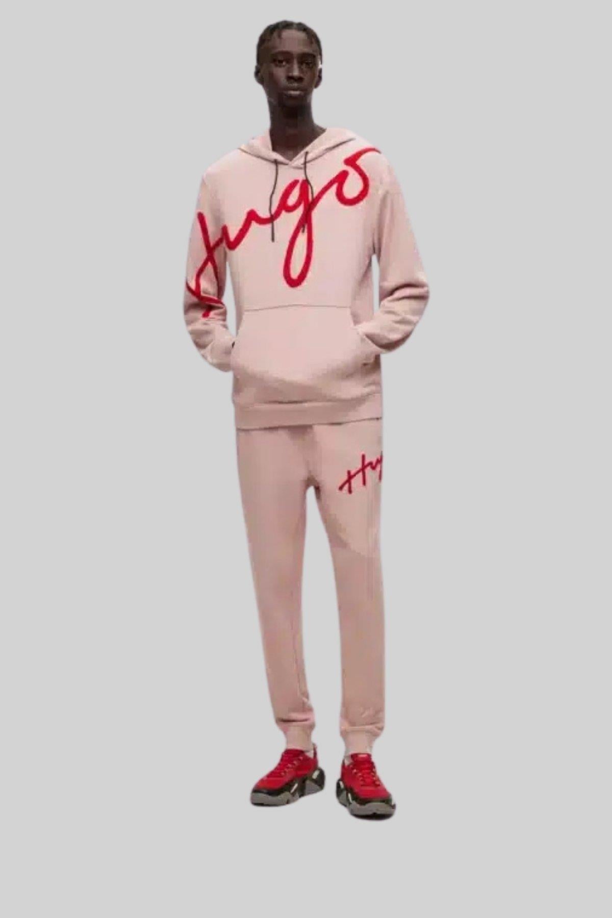 Hugo Erkek Regular Fit Logo İşlemeli Kapüşonlu Sweatshirt Pembe