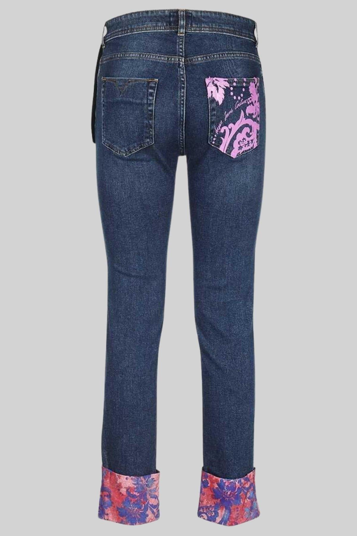Versace Jeans Couture Kadın Regular Fit Cep ve Paça Detaylı Desenli Jean Pantolon Mavi