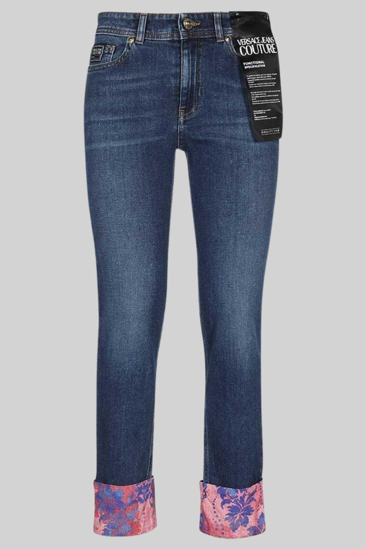 Versace Jeans Couture Kadın Regular Fit Cep ve Paça Detaylı Desenli Jean Pantolon Mavi