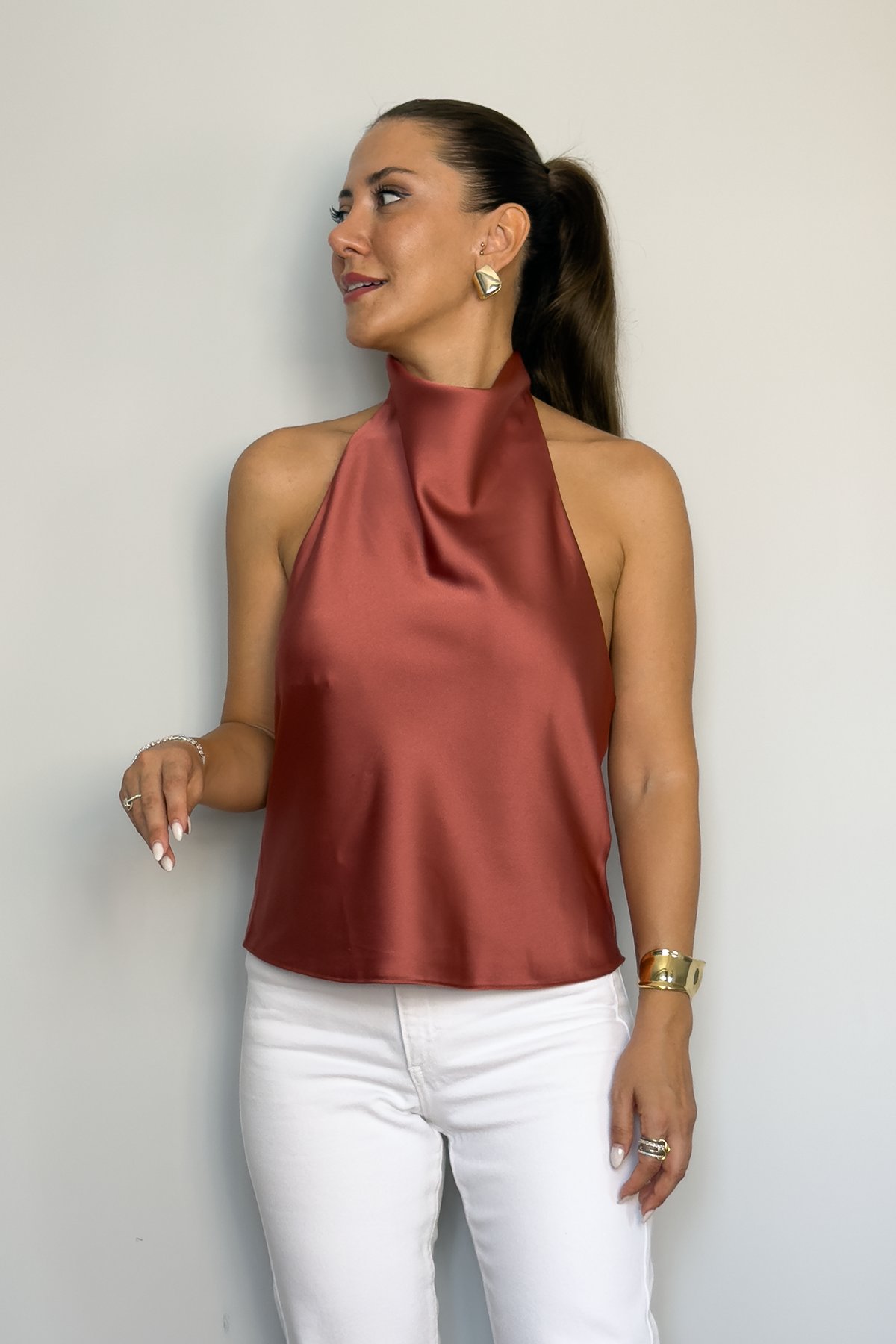 HALTER YAKA SATEN BLUZ