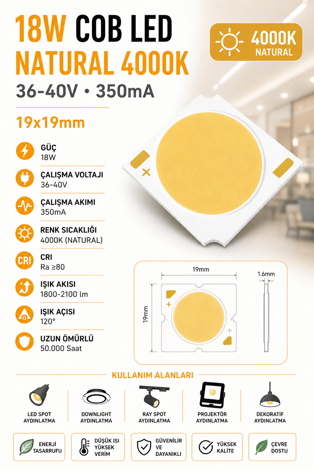 18W COB LED NATURAL 4000K 19x19mm 36-40V 350mA