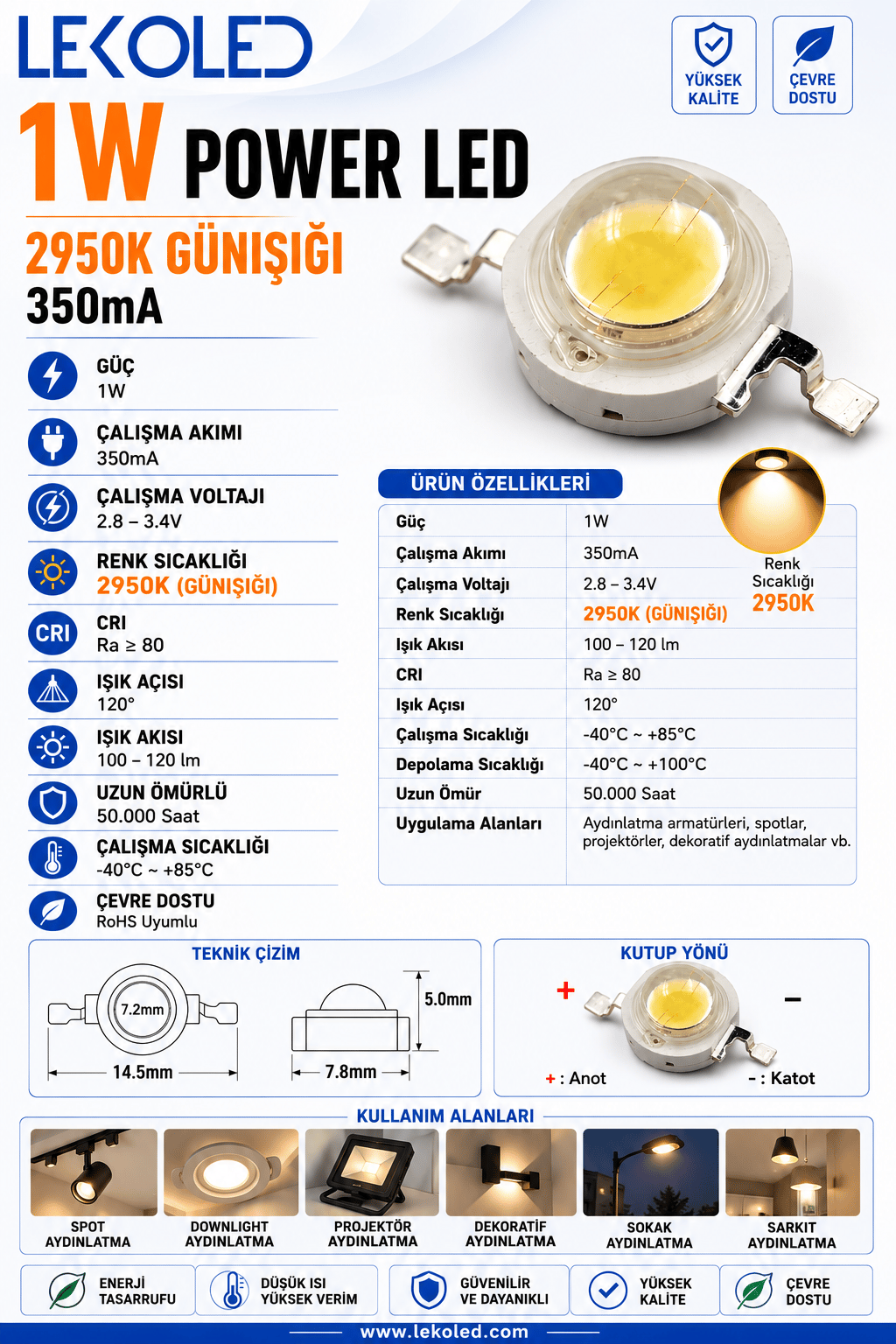 1W POWER LED 2950K GÜNIŞIĞI 350mA