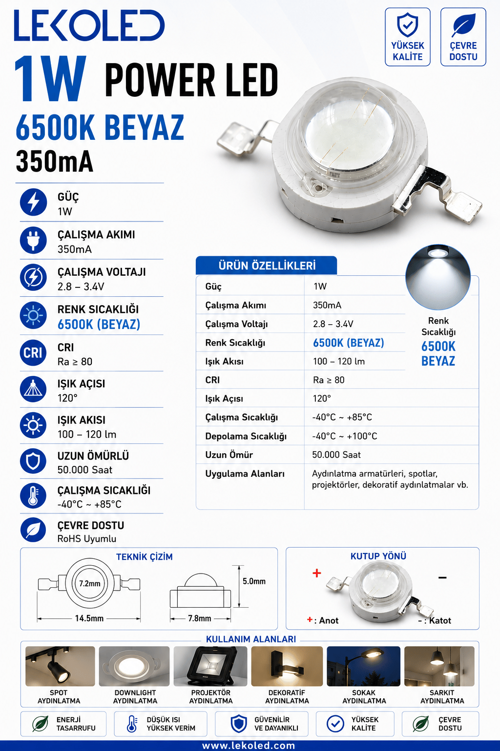 1W POWER LED 6500K BEYAZ 350mA