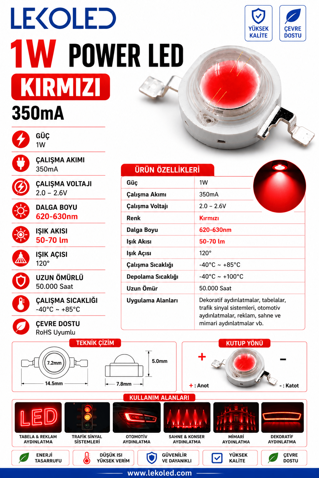 1W POWER LED KIRMIZI 350mA