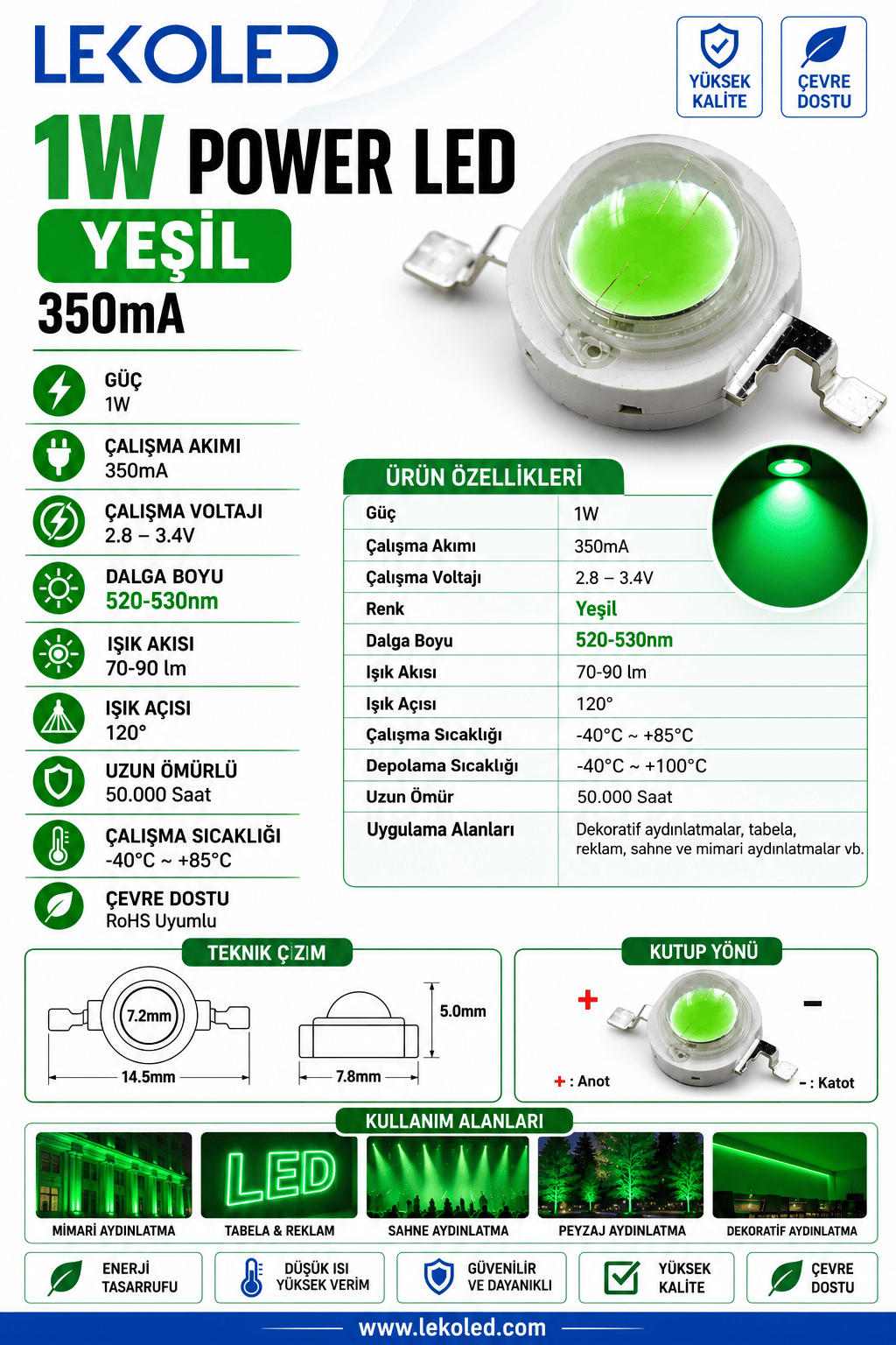 1W POWER LED YEŞİL 350mA