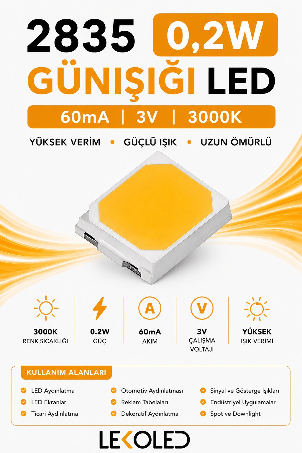 2835 0,2W 3000K GÜNIŞIĞI 60mA 3V SMD LED 