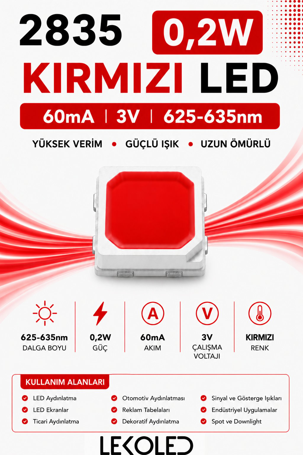 2835 0,2W KIRMIZI 60mA 3V SMD LED 
