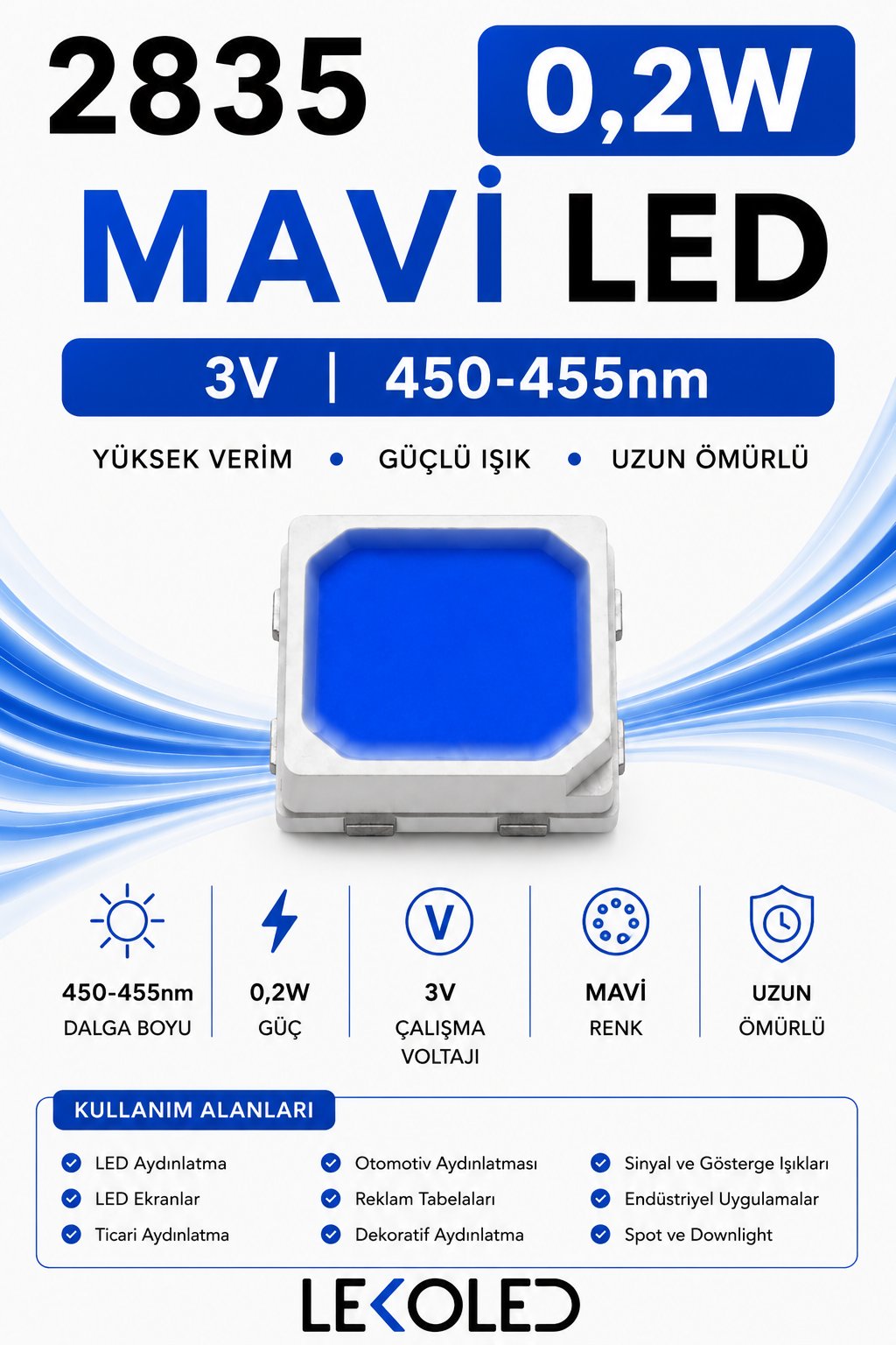 2835 0,2W MAVİ 60mA 3V SMD LED 
