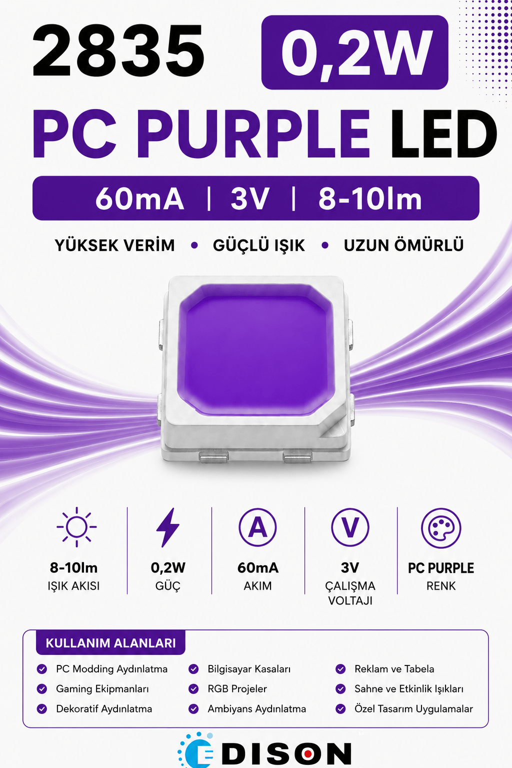 2835 0,2W PC PURPLE  60mA 8-10lm SMD LED