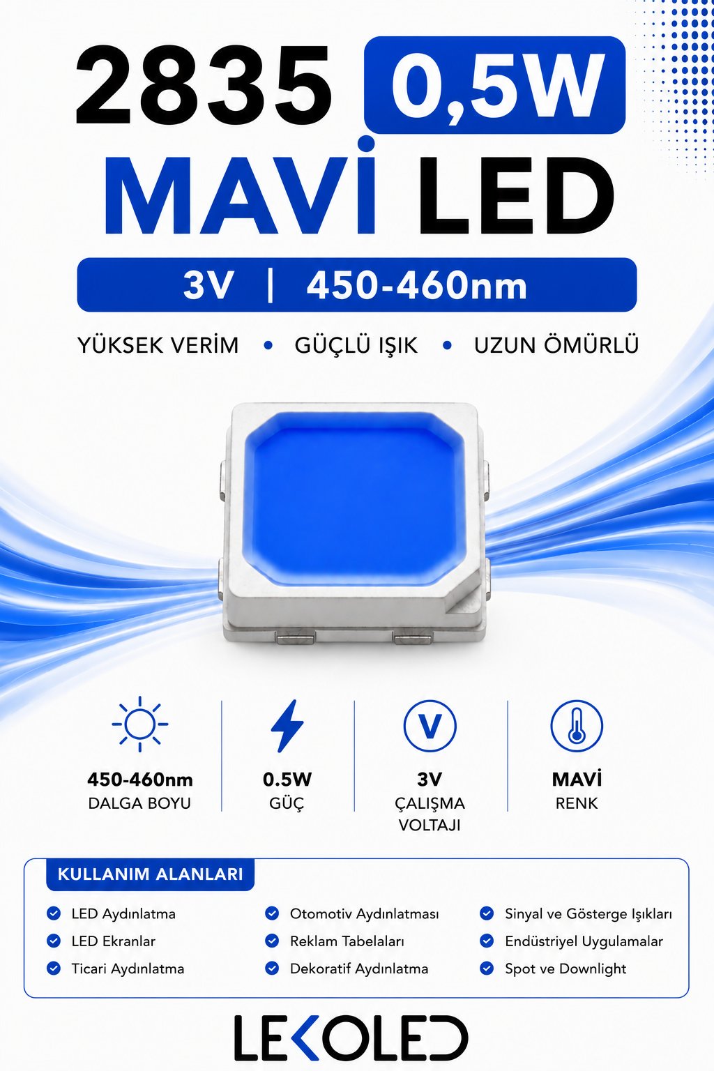 2835 0,5W MAVİ 60mA 3V SMD LED 