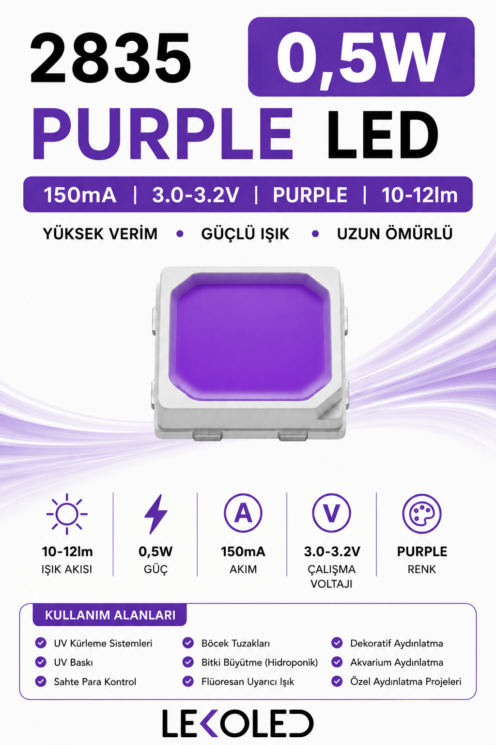 2835 0,5W PC PURPLE  150mA 10-12lm 3.0-3.2V SMD LED