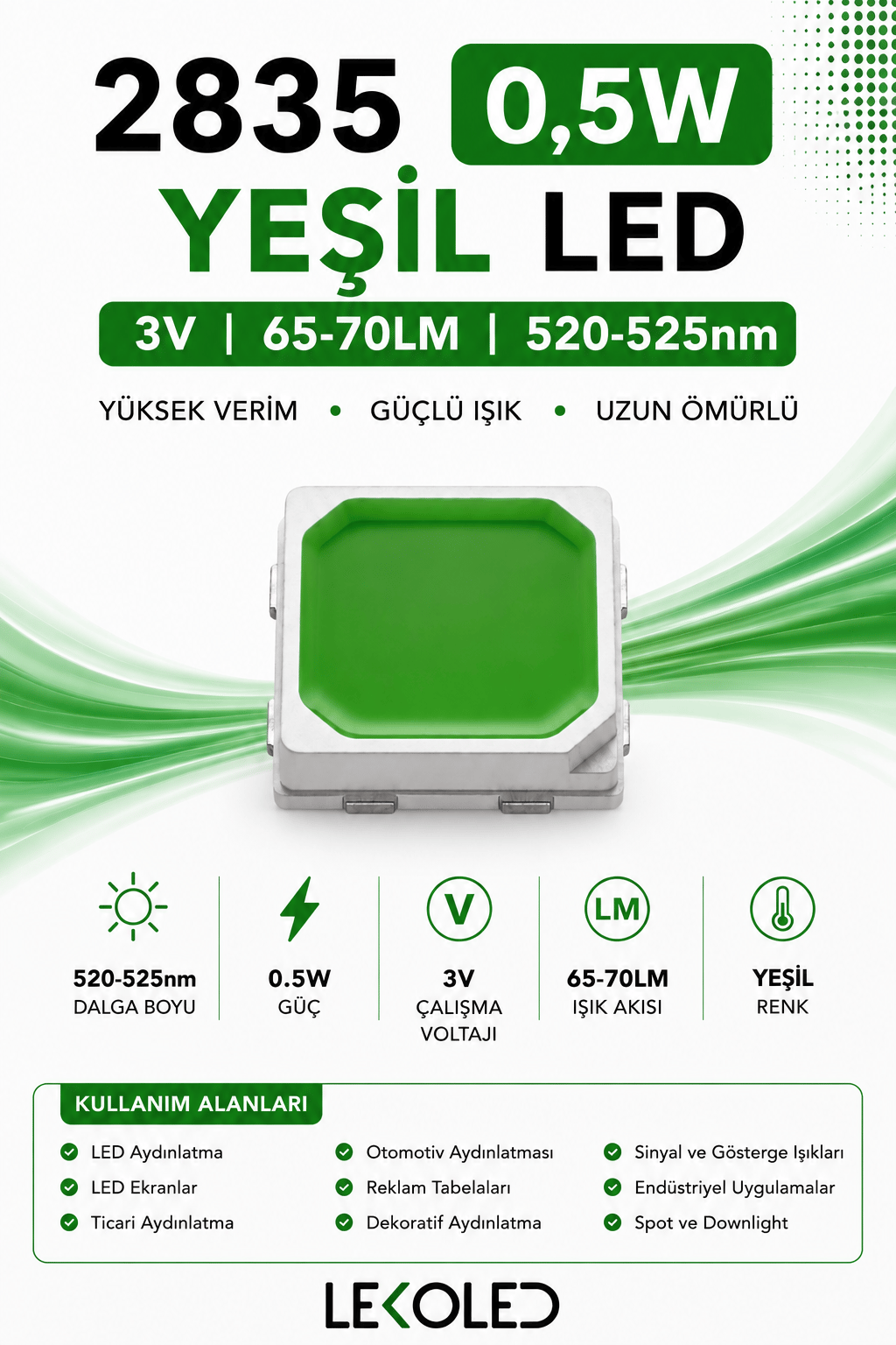 2835 0,5W YEŞİL 150mA 3V SMD LED