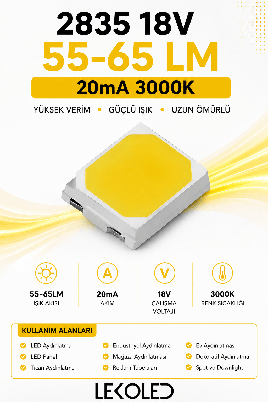 2835 3000K 18V 55-65 LM 20mA SMD LED 