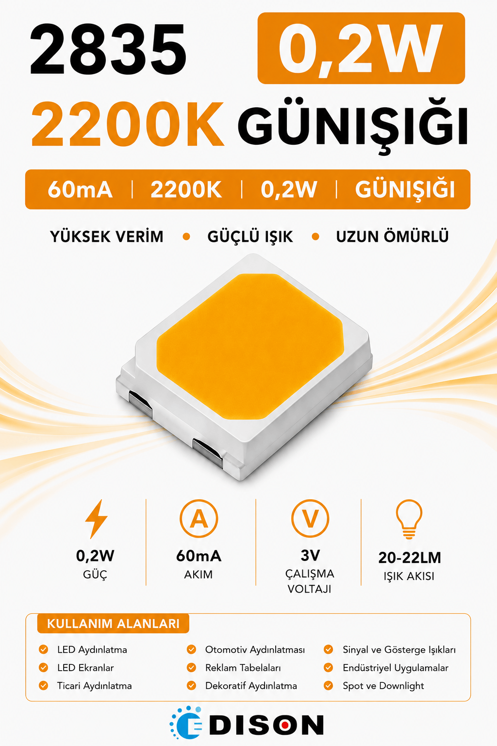 2835 60mA 2200K GÜNIŞIĞI 0.2W SMD LED