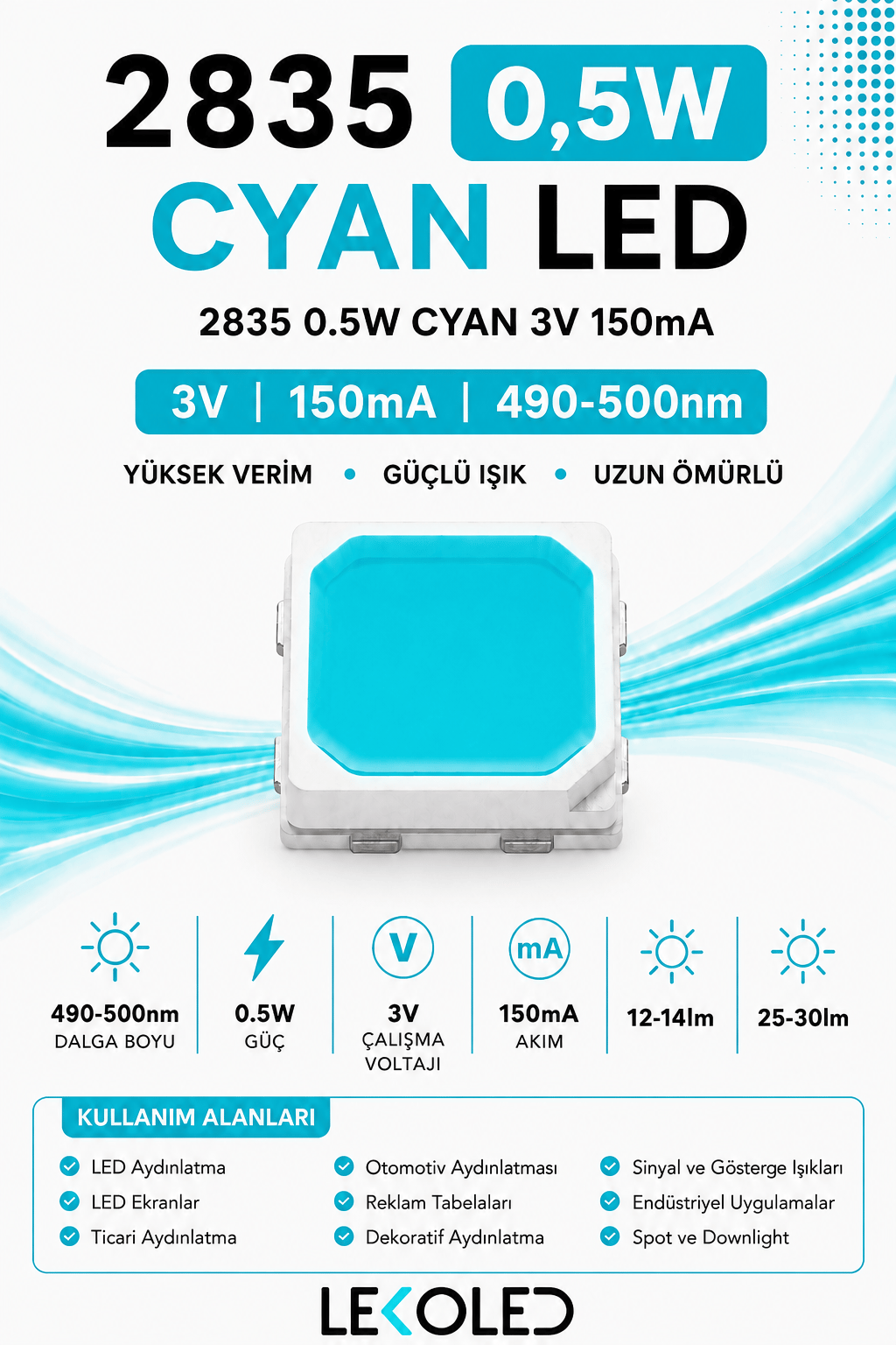 2835 Cyan LED Chip 3V 150mA | Cyan SMD LED 