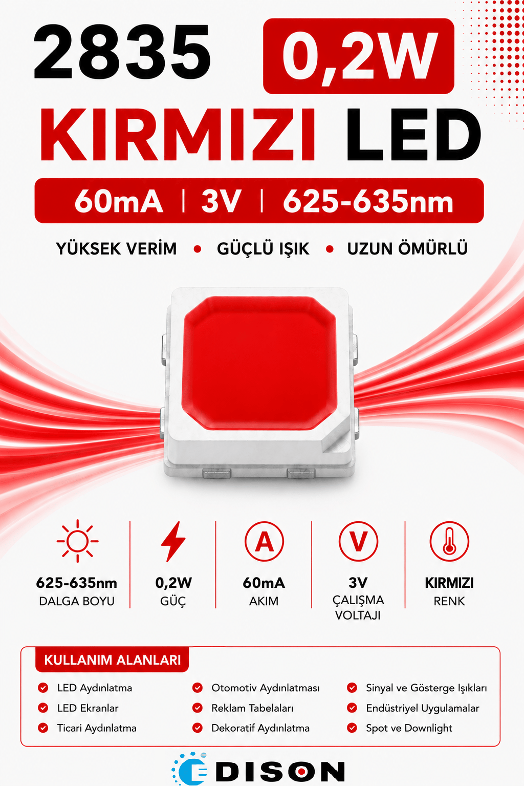 2835 RED 0,2W 60mA 3V SMD LED