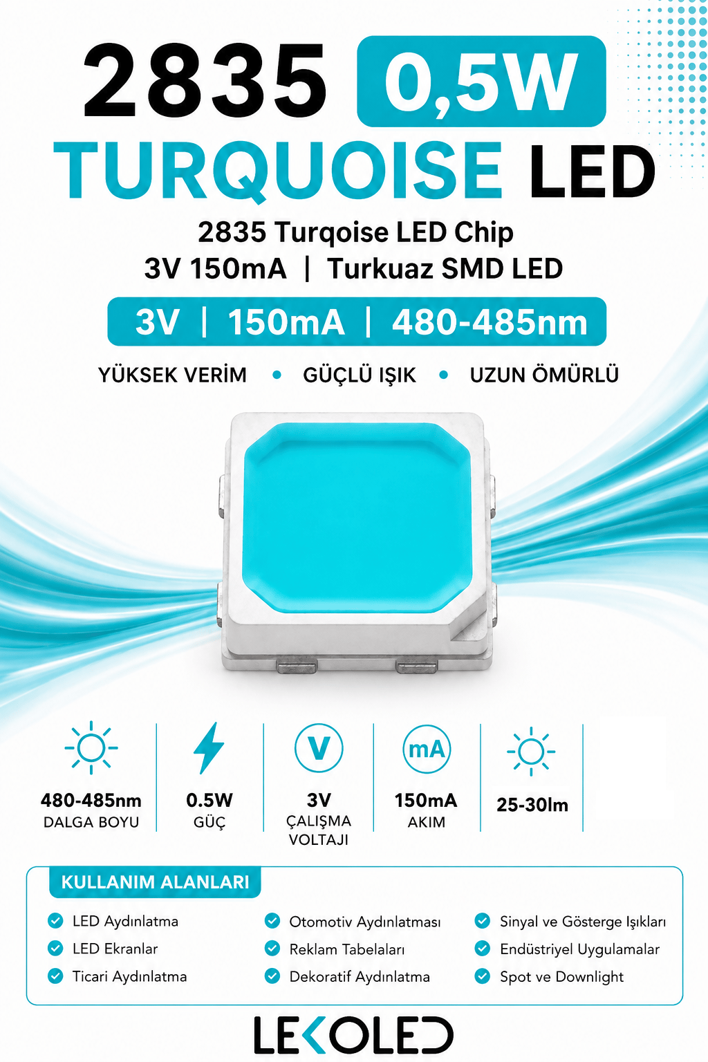 2835 Turqoise LED Chip 3V 150mA | Turkuaz SMD LED 