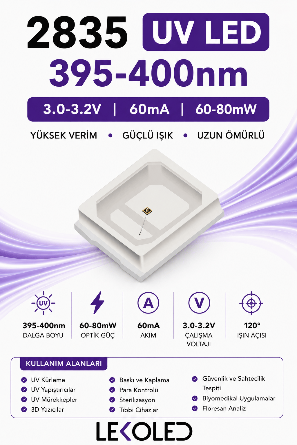 2835 UV LED 395-400nm 3.0-3.2V 60mA 60-80mW