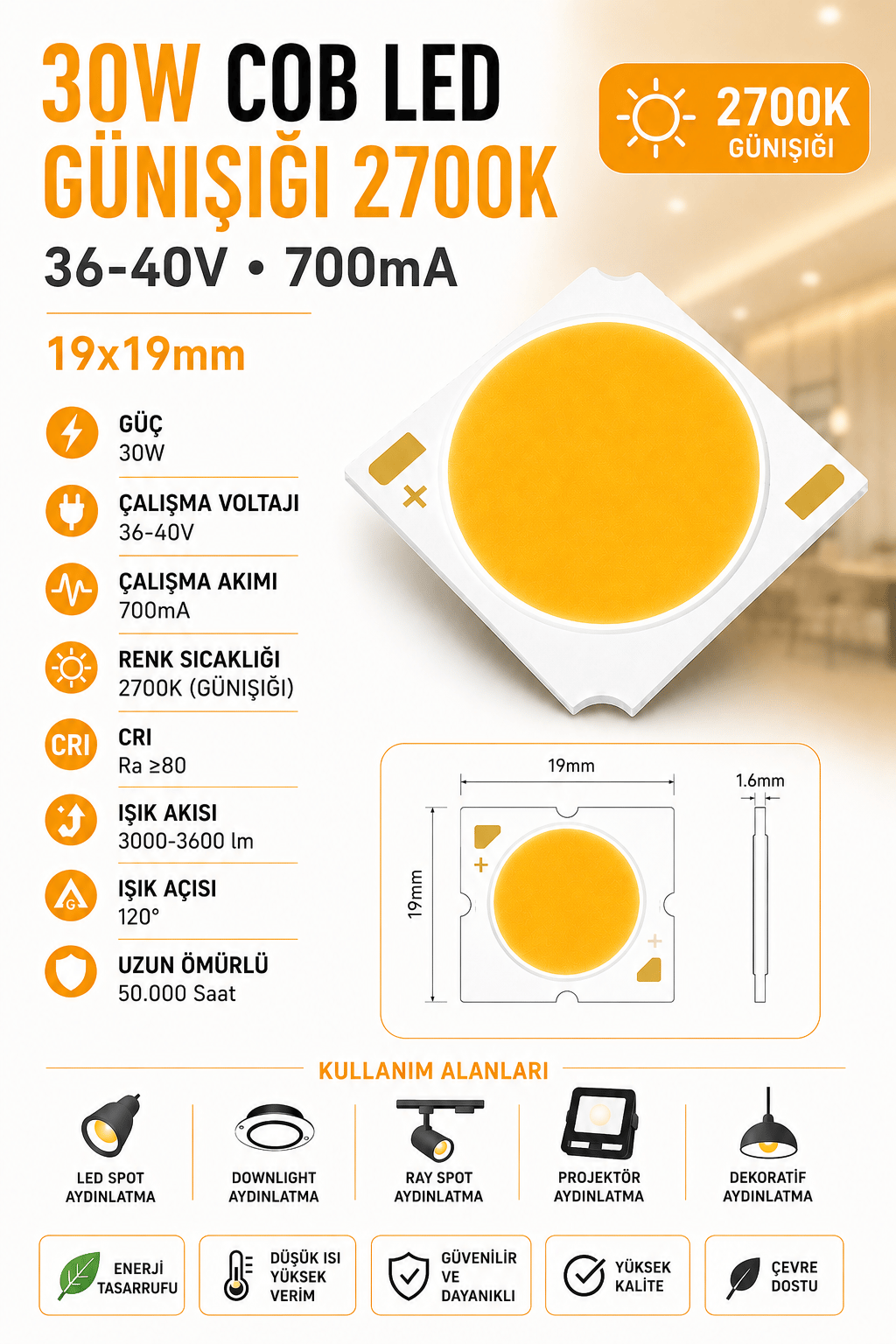 30W COB LED GÜNIŞIĞI 2700K 19x19mm 36-40V 700mA 