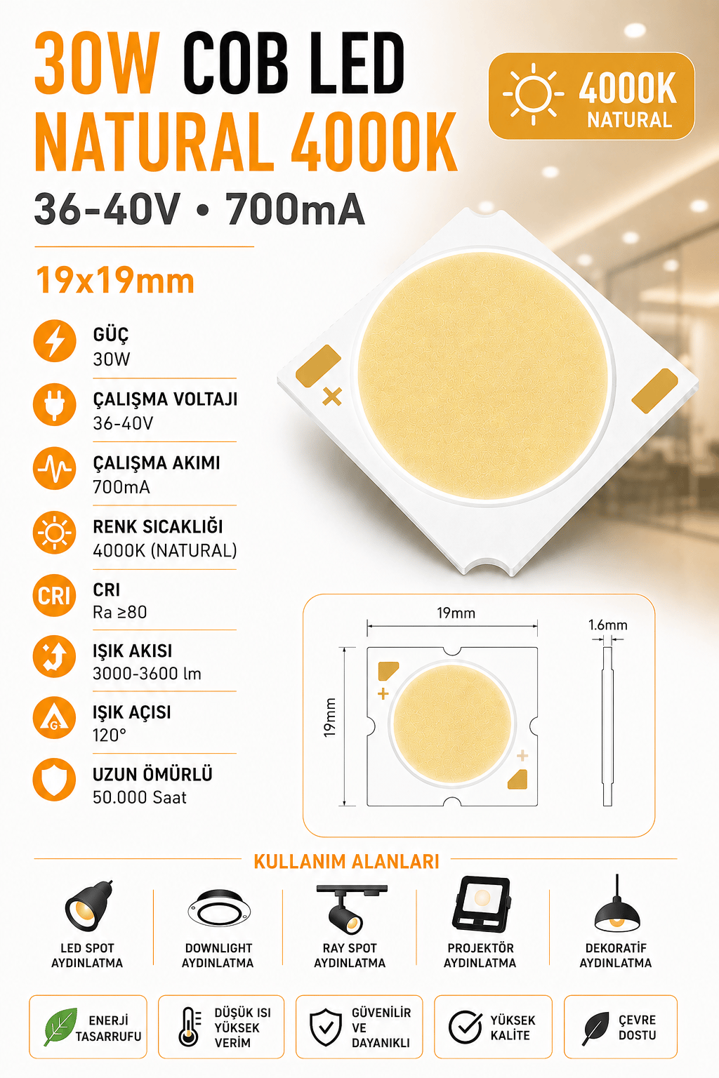 30W COB LED NATURAL 4000K 19x19mm 36-40V 700mA 