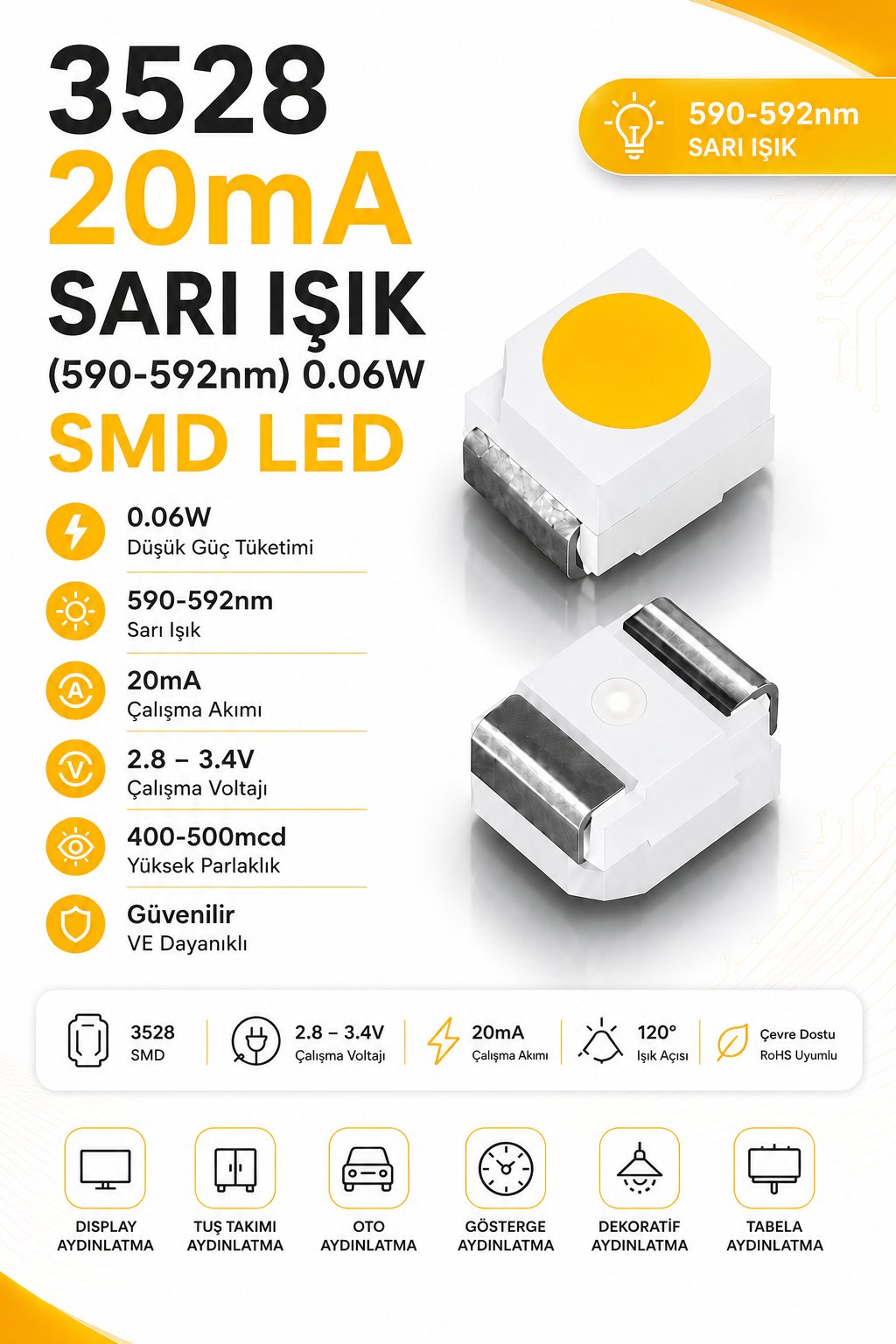 3528 20mA Sarı 590-592nm SMD Led 