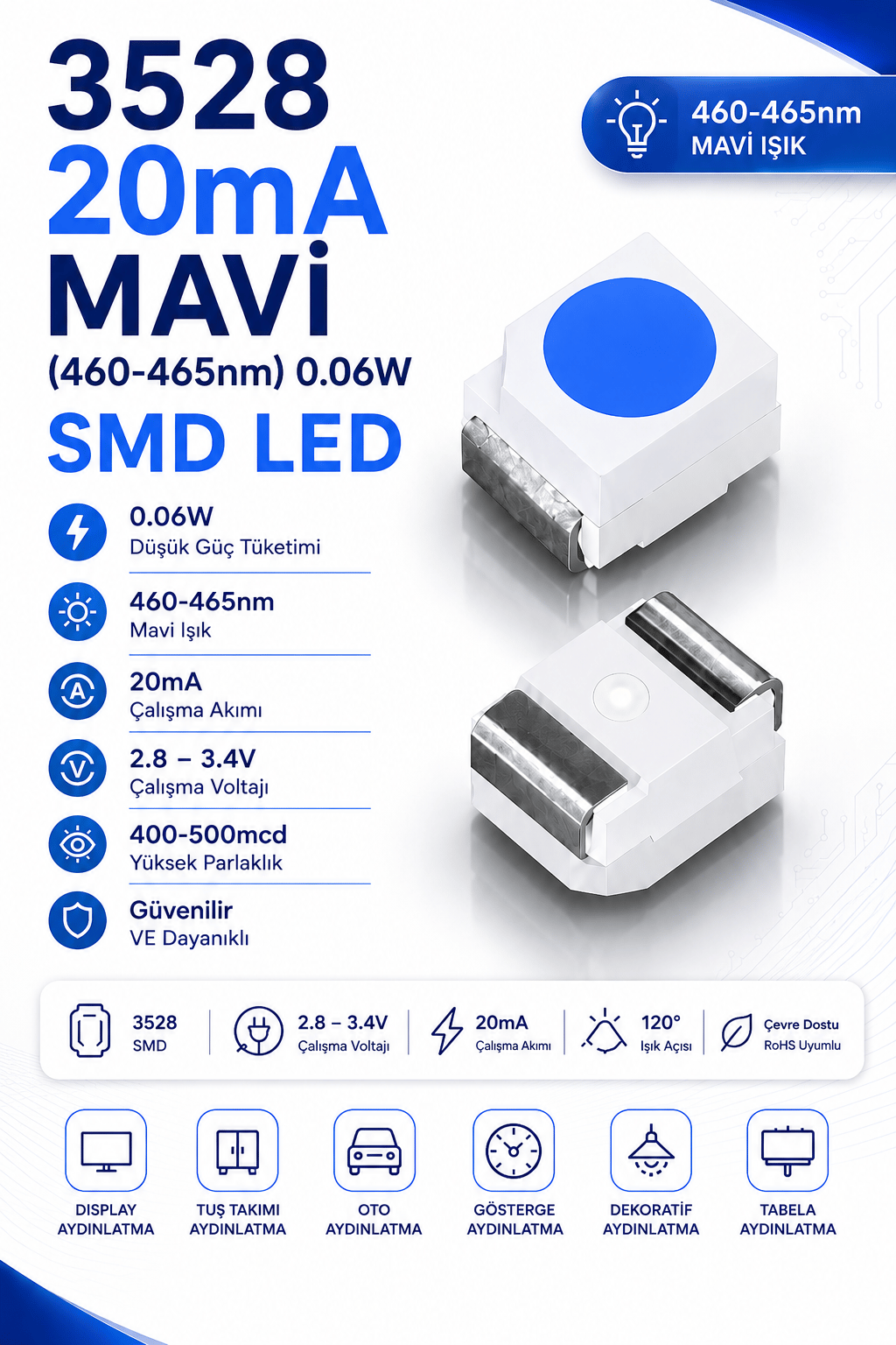 3528 Mavi 0.06W, 2.8-3.4V, 20mA, 460-465nm, 400-500mcd  SMD Led 