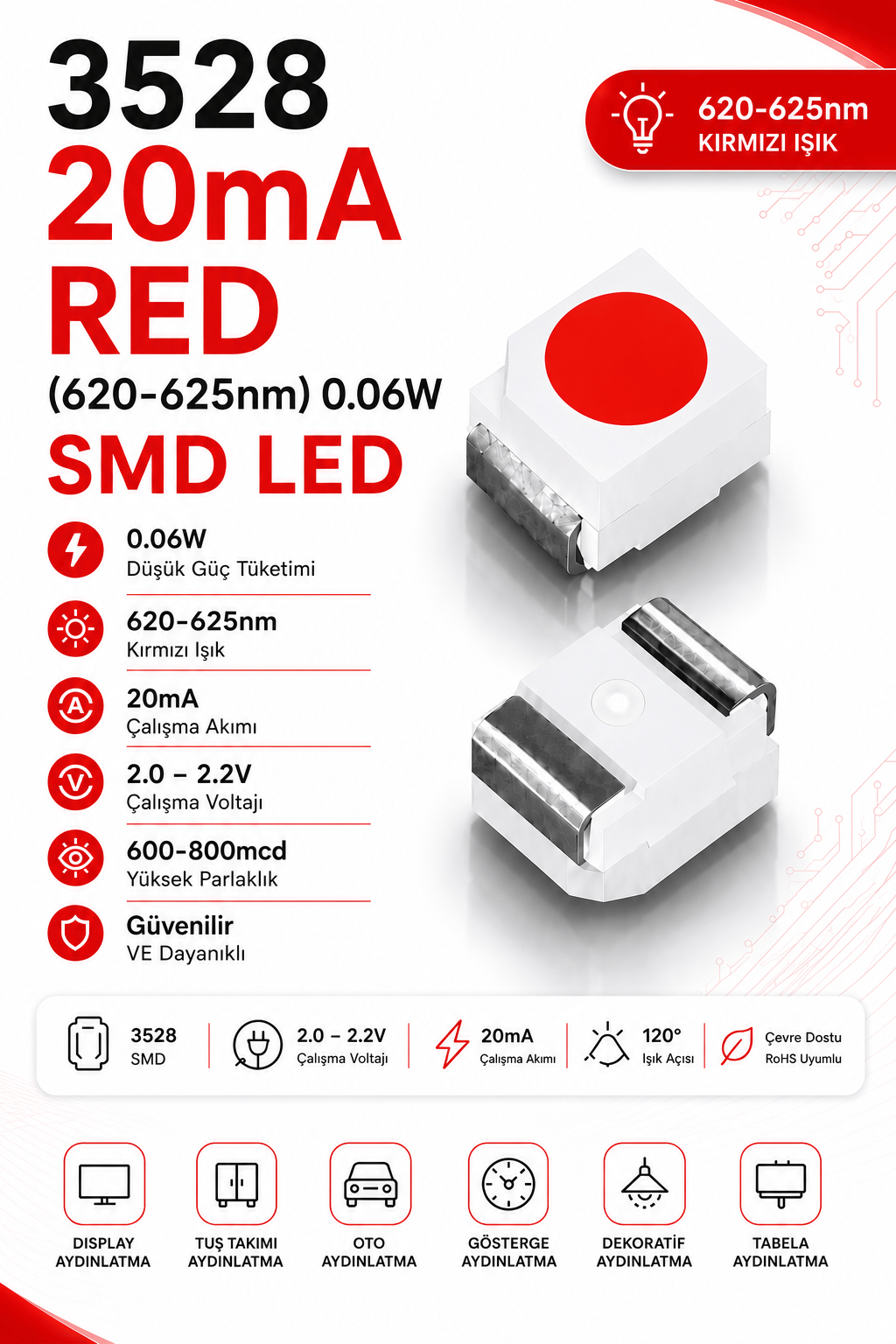 3528 RED 20mA 0.06W, 2.0-2.2V, 20mA,600-800mcd, 620-625nm SMD Led 