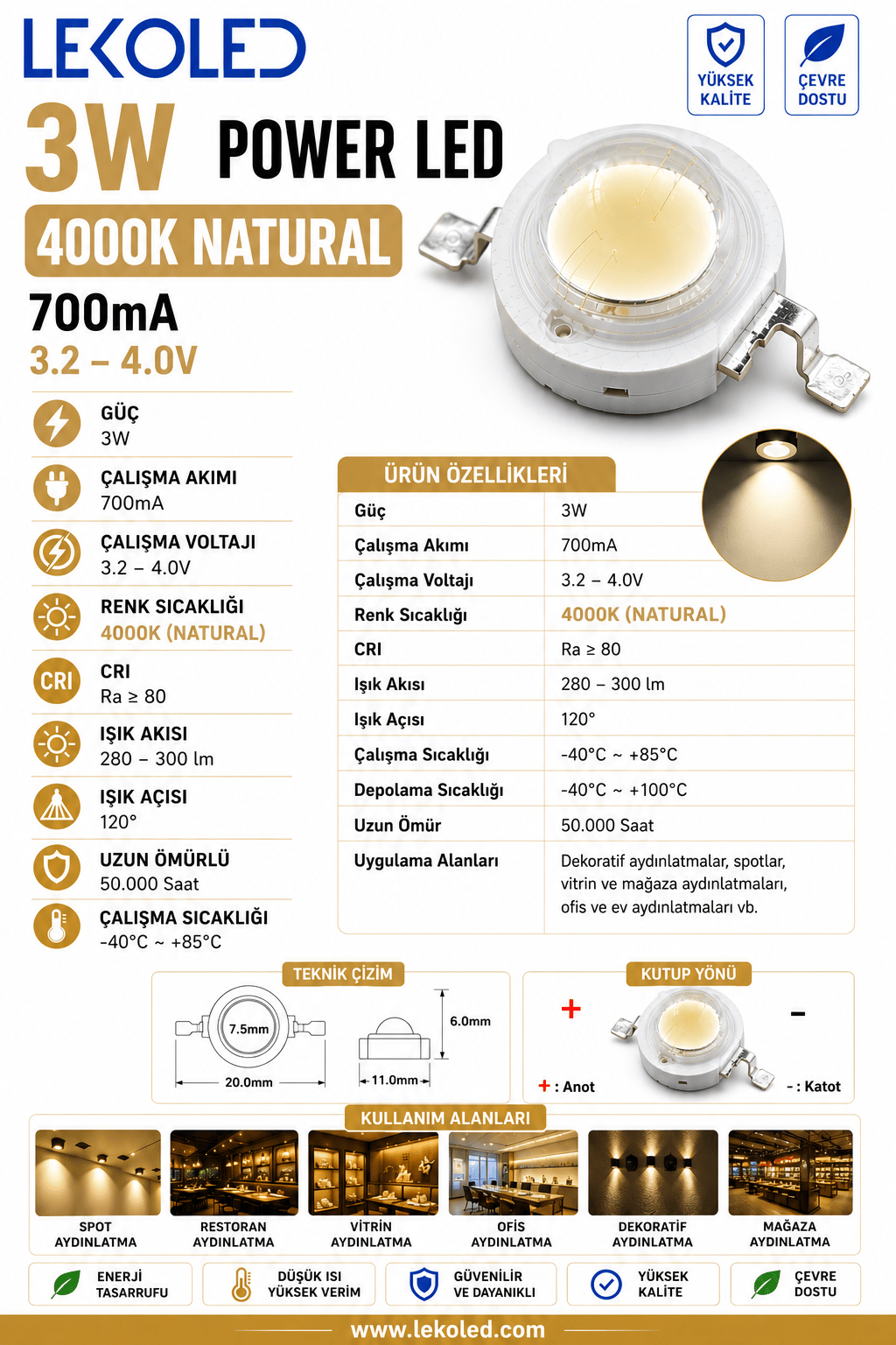 3W POWER LED 4000K NATURAL 700mA