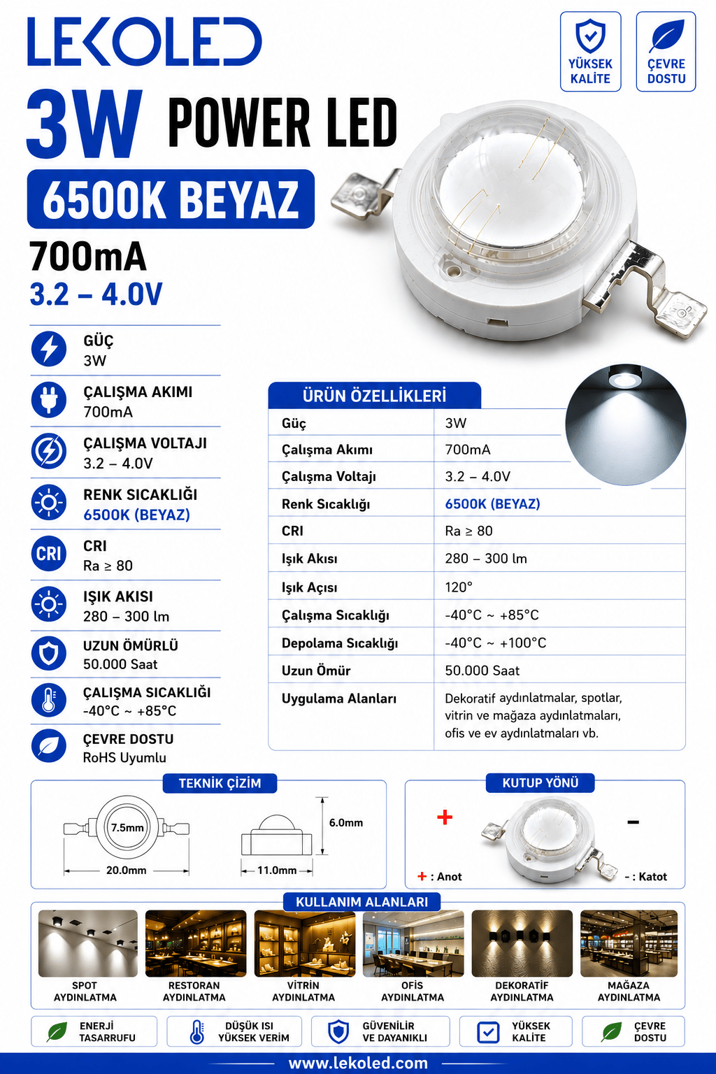 3W POWER LED 6500K BEYAZ 700mA