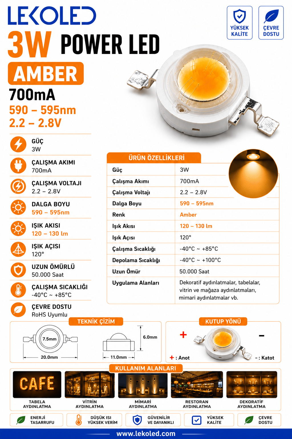 3W POWER LED AMBER 700mA
