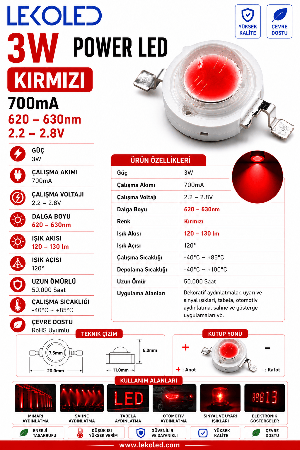 3W POWER LED KIRMIZI 700mA